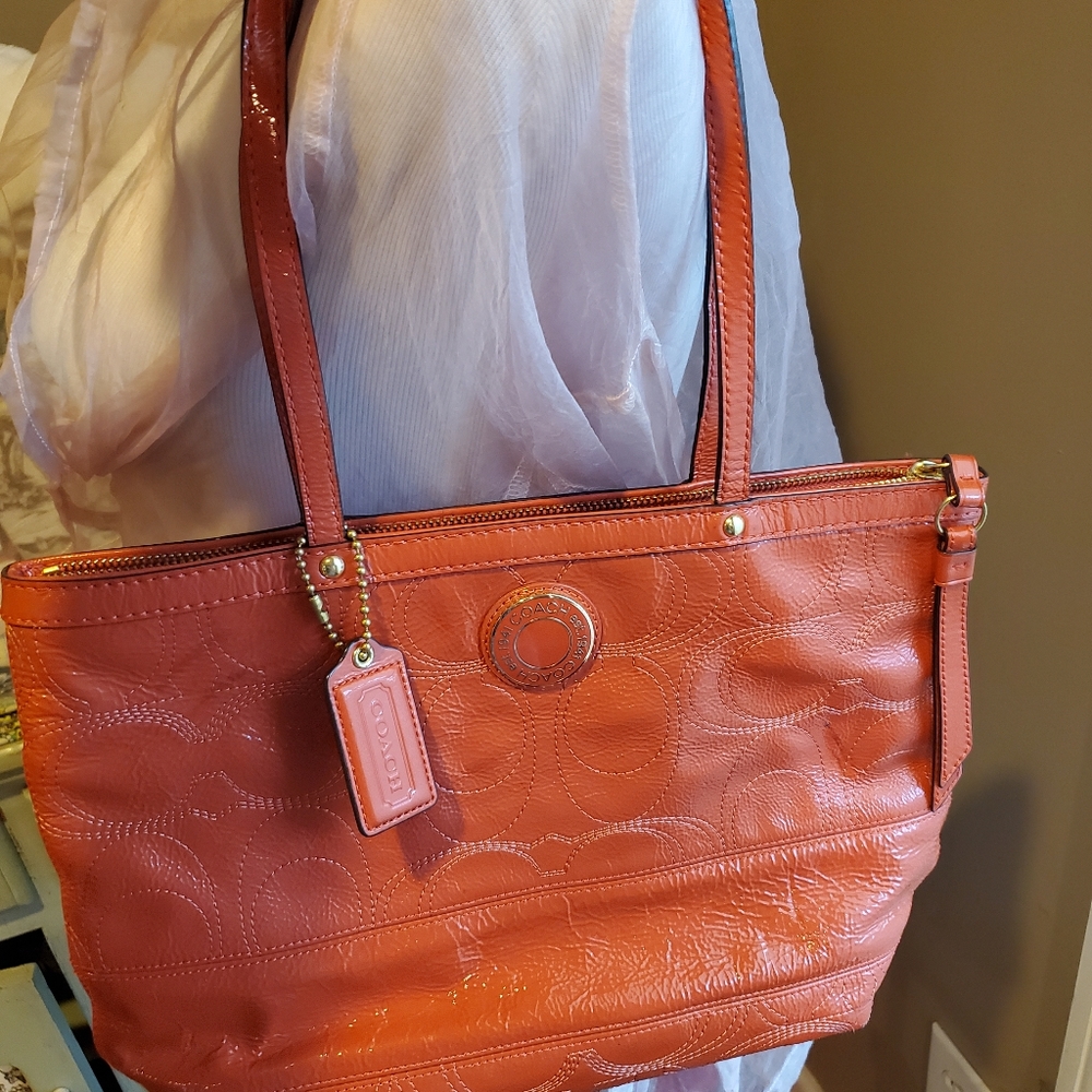 Coach Classic Handbag Patent Coral